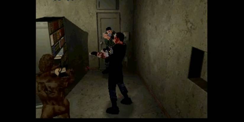 Fighting zombie Wesker in Resident Evil 1 for the Saturn.