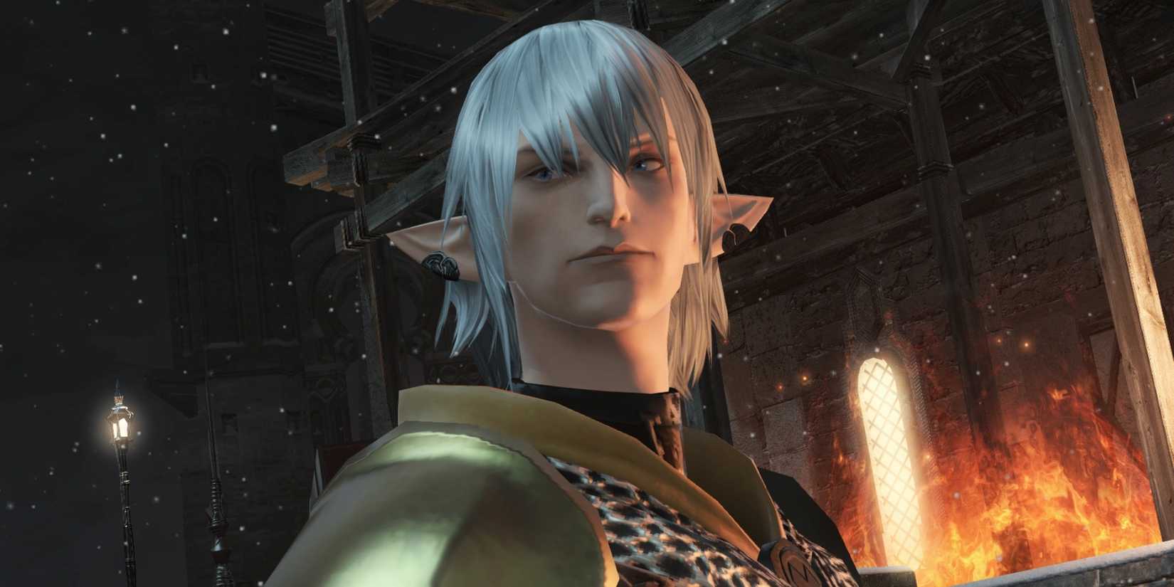 Final Fantasy 14's Haurchefant stands in front of fire.
