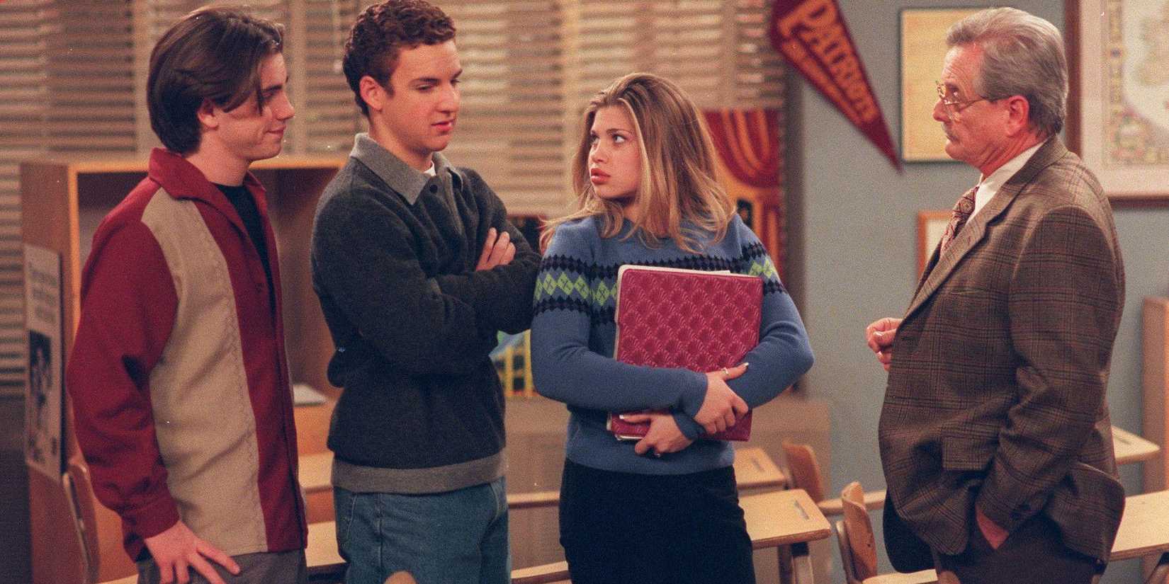Shawn, Cory, Topanga, and Mr. Feeney on Boy Meets World