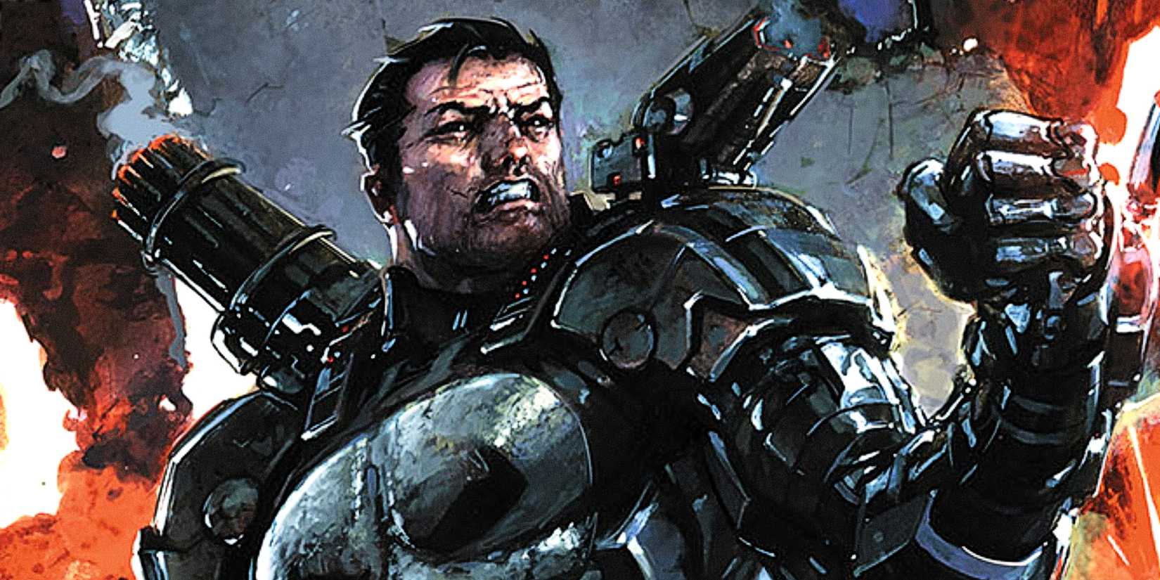 Frank Castle aka the Punisher wears a War Machine armor with the skull painted on it in Marvel Comics