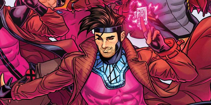 Gambit powers up three cards surrounded by variants of himself in X-Men comic cover