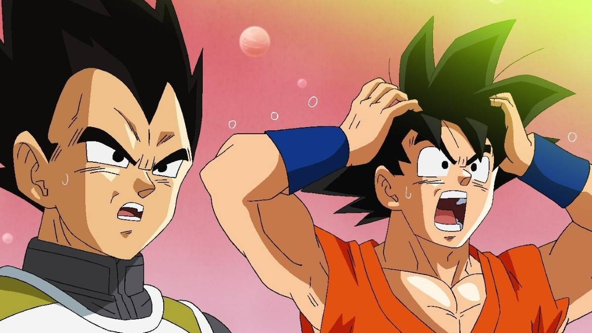 Goku and Vegeta looking shocked and worried in the Dragon Ball Super anime.