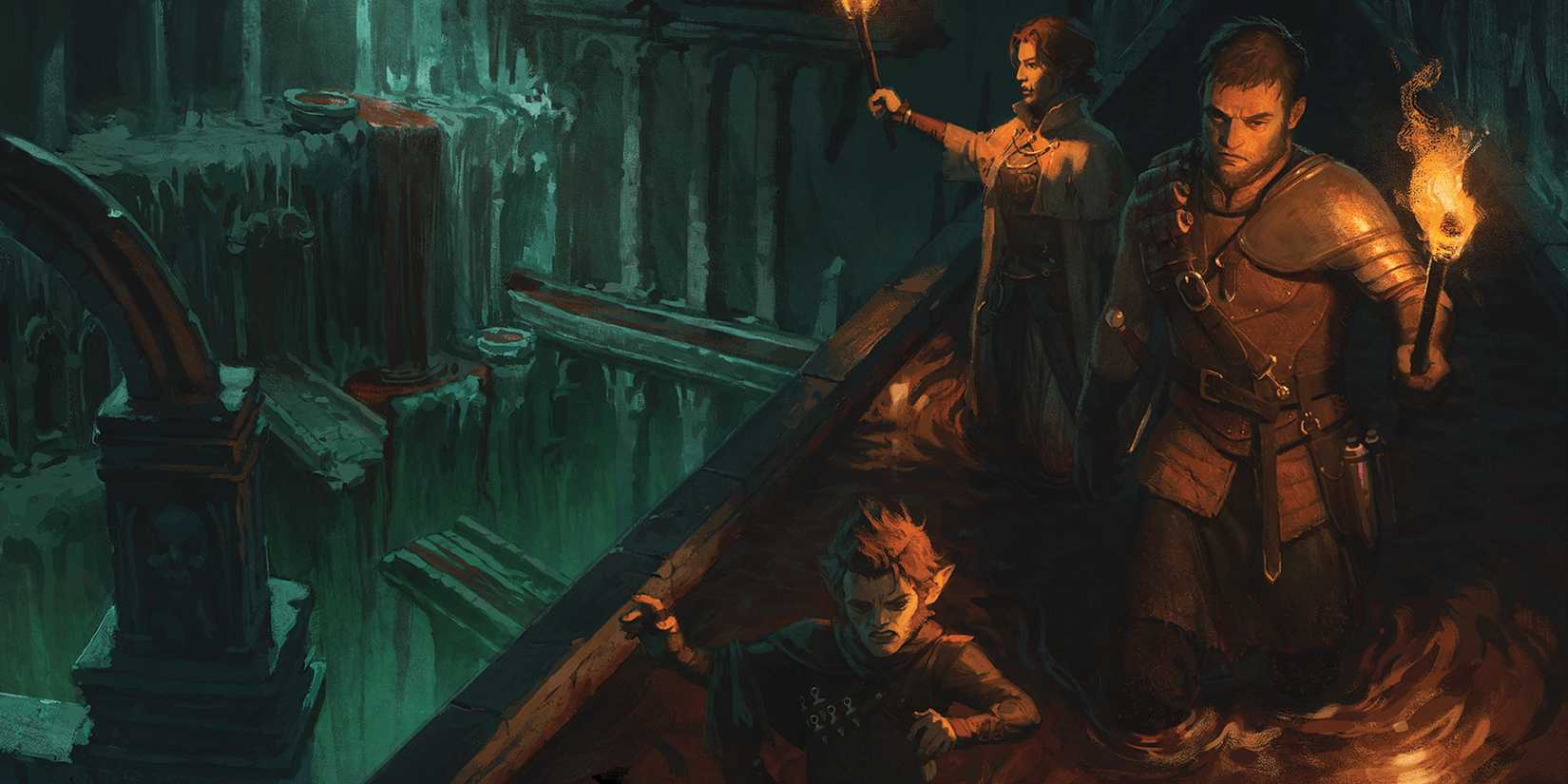 Grim Hollow Party exploring a dungeon in D&D