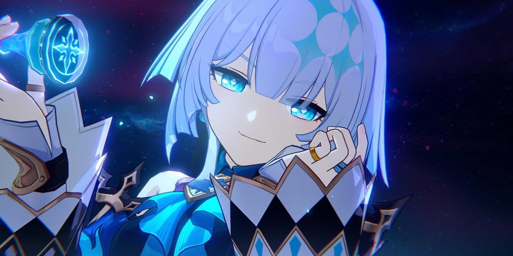 Cerydra из Honkai Star Rail ухмыляется, держа шахматную фигуру.