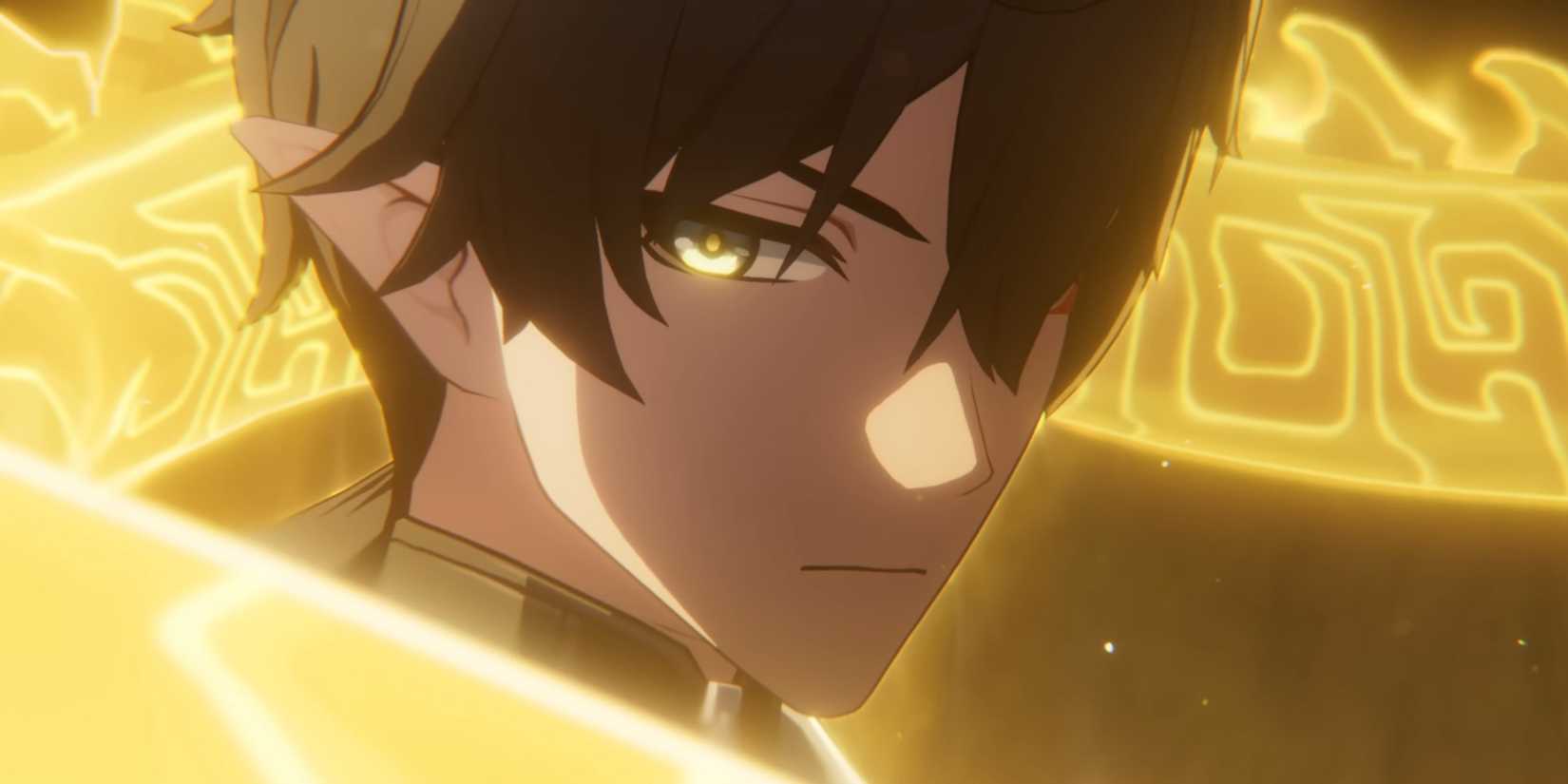 Dan Heng Permansor Terrae of Honkai Star Rail looks towards the spectator, surrounded by a yellow snake.