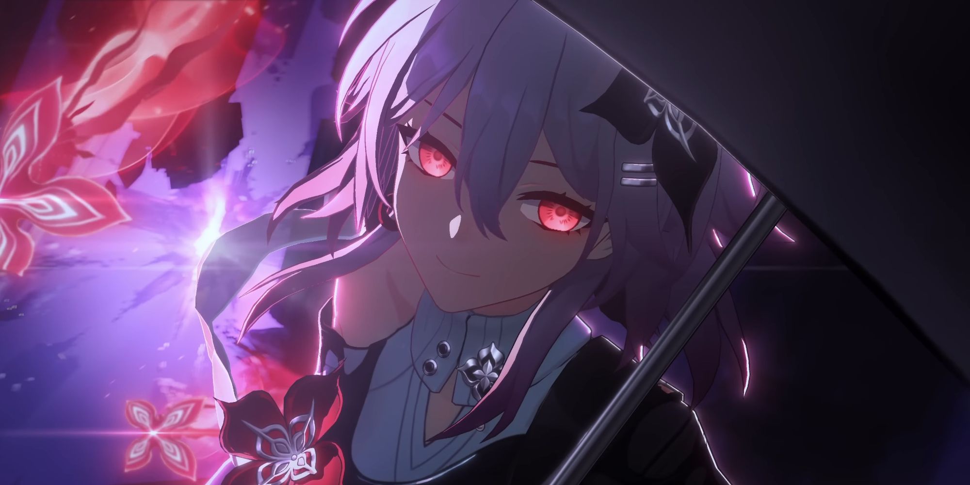 March 7th has red eyes and a black outfit in Honkai Star Rail.