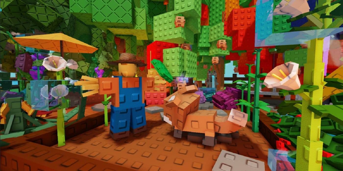 Roblox Grow a Garden game with farmer and grown crops