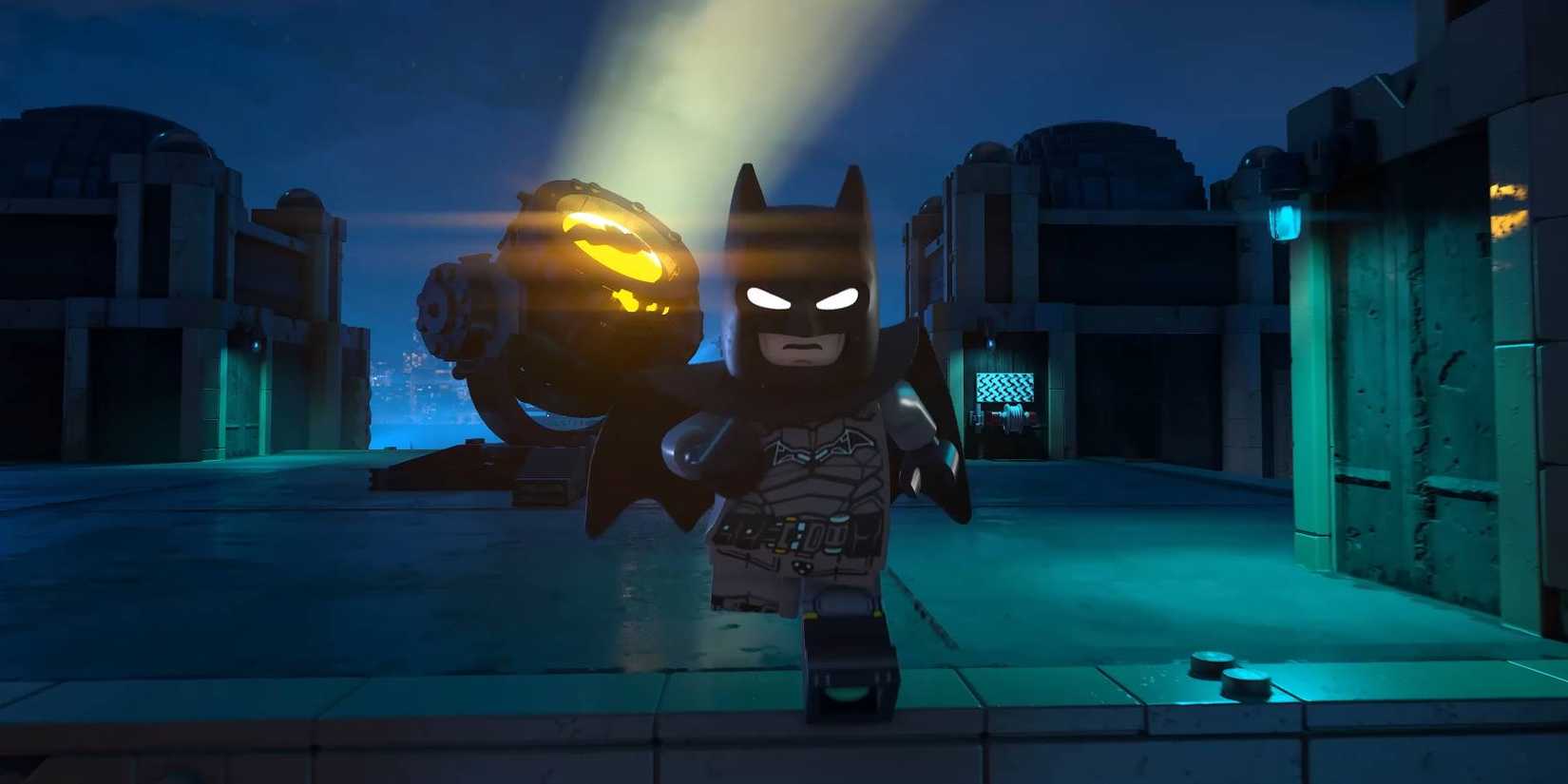 Lego Batman Legacy of the Dark Knight Batman running past Bat Signal