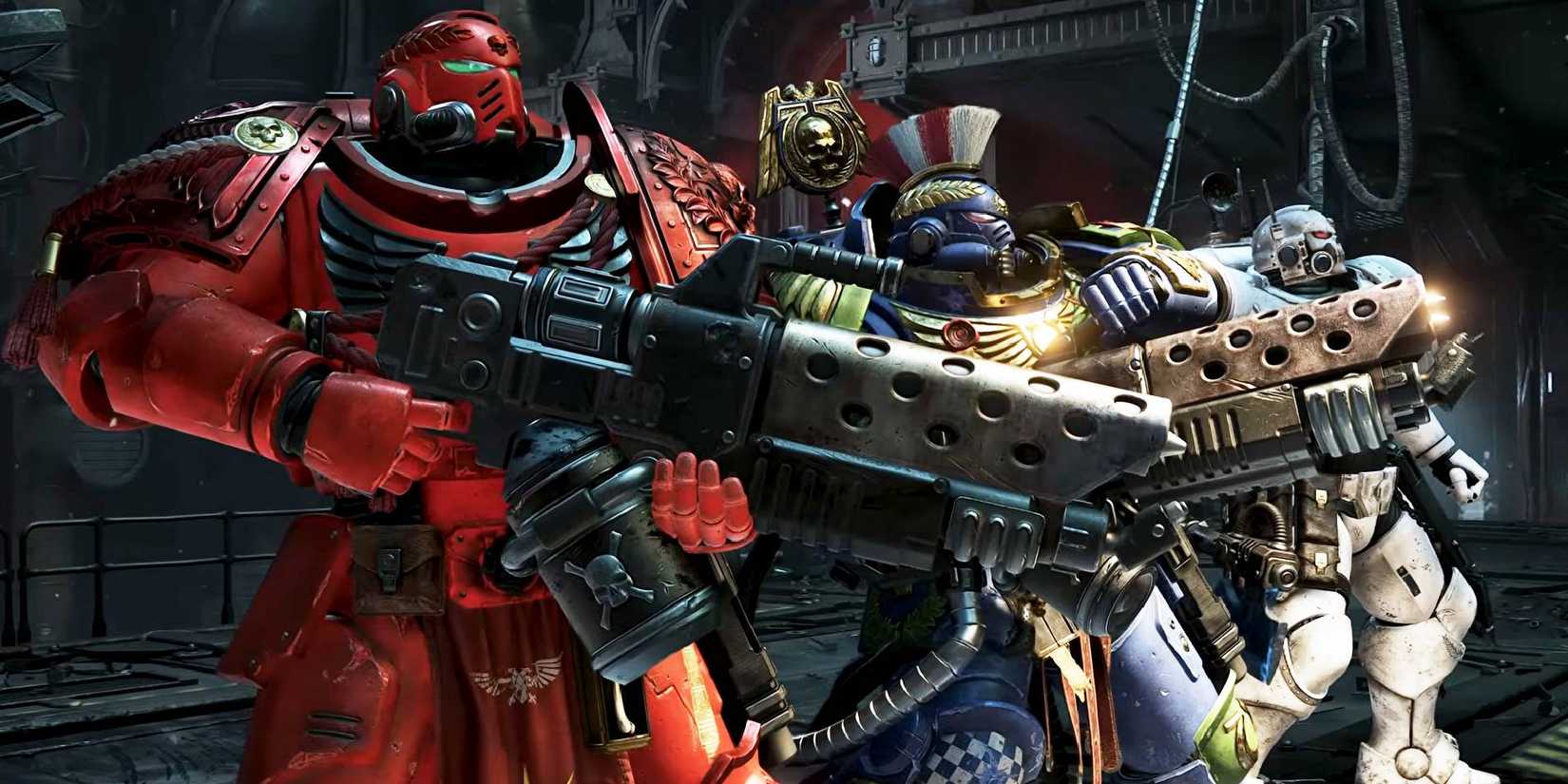 Space Marine 2 three characters looking out toward enemies or new Operation objective