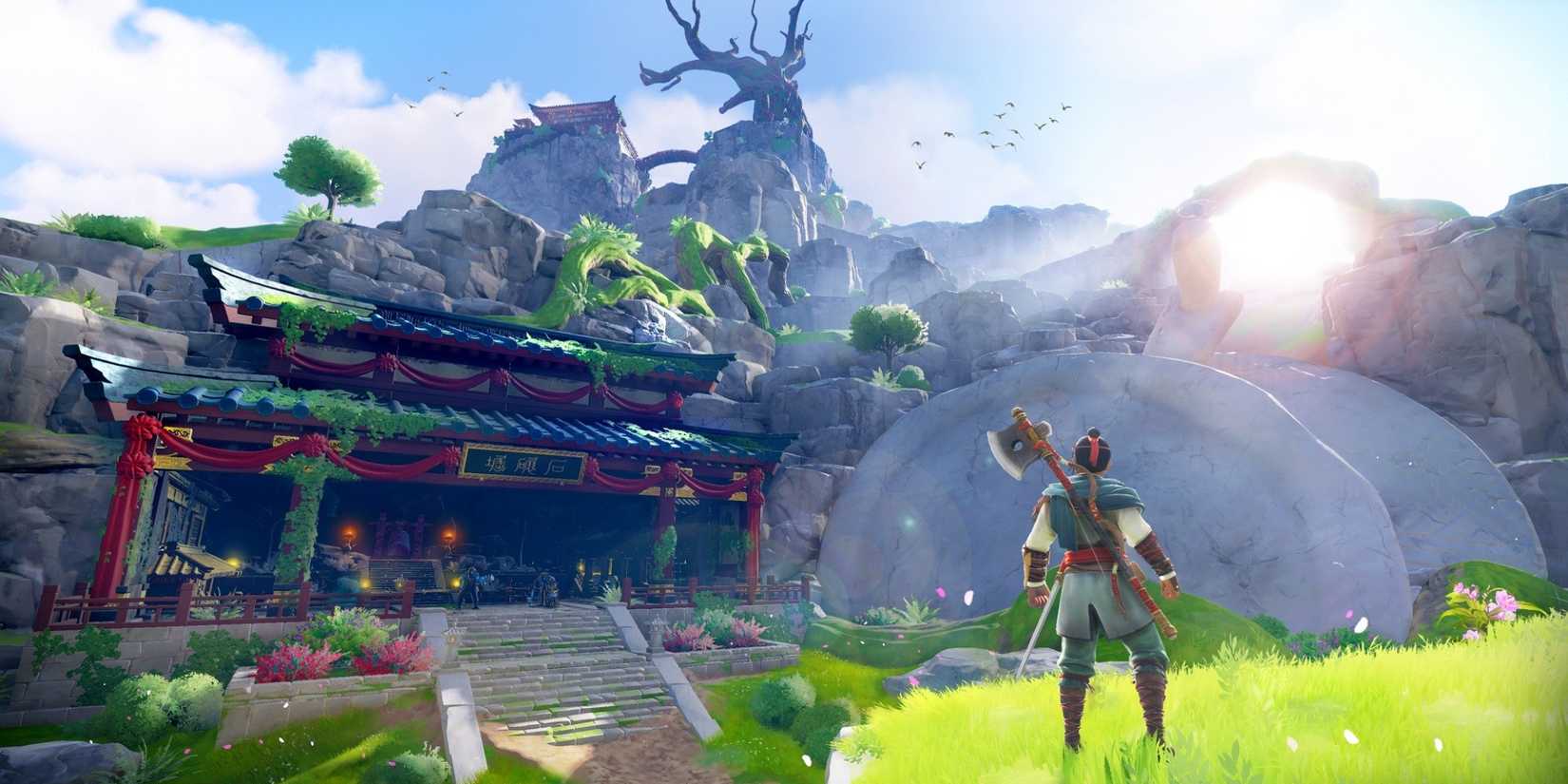 A character stands in front of a temple in front of Immortals Fenyx Rising Myths Of The Eastern Realm.