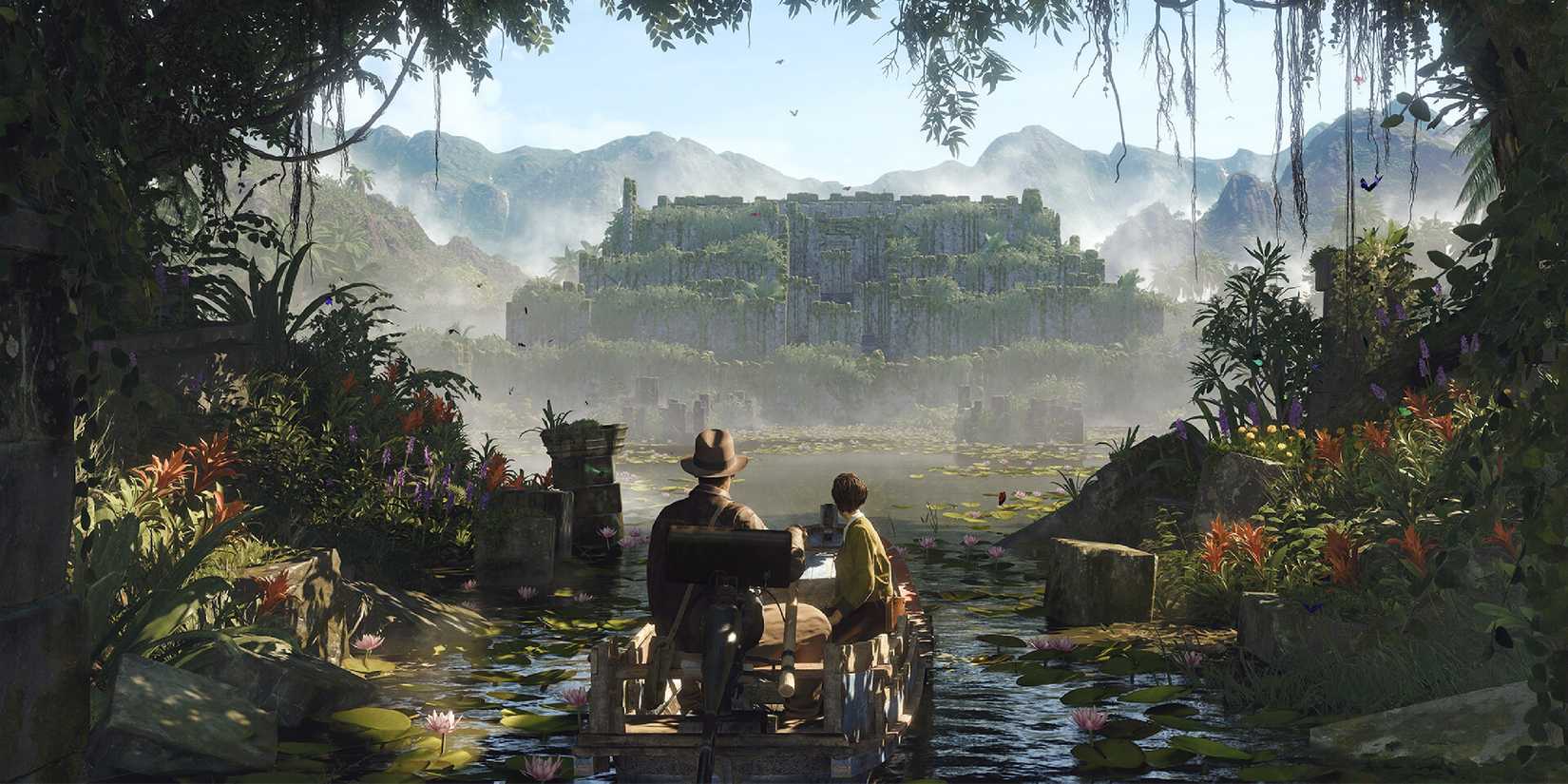 Indiana Jones and the great circle indiana and his companion looking out at a vast view.