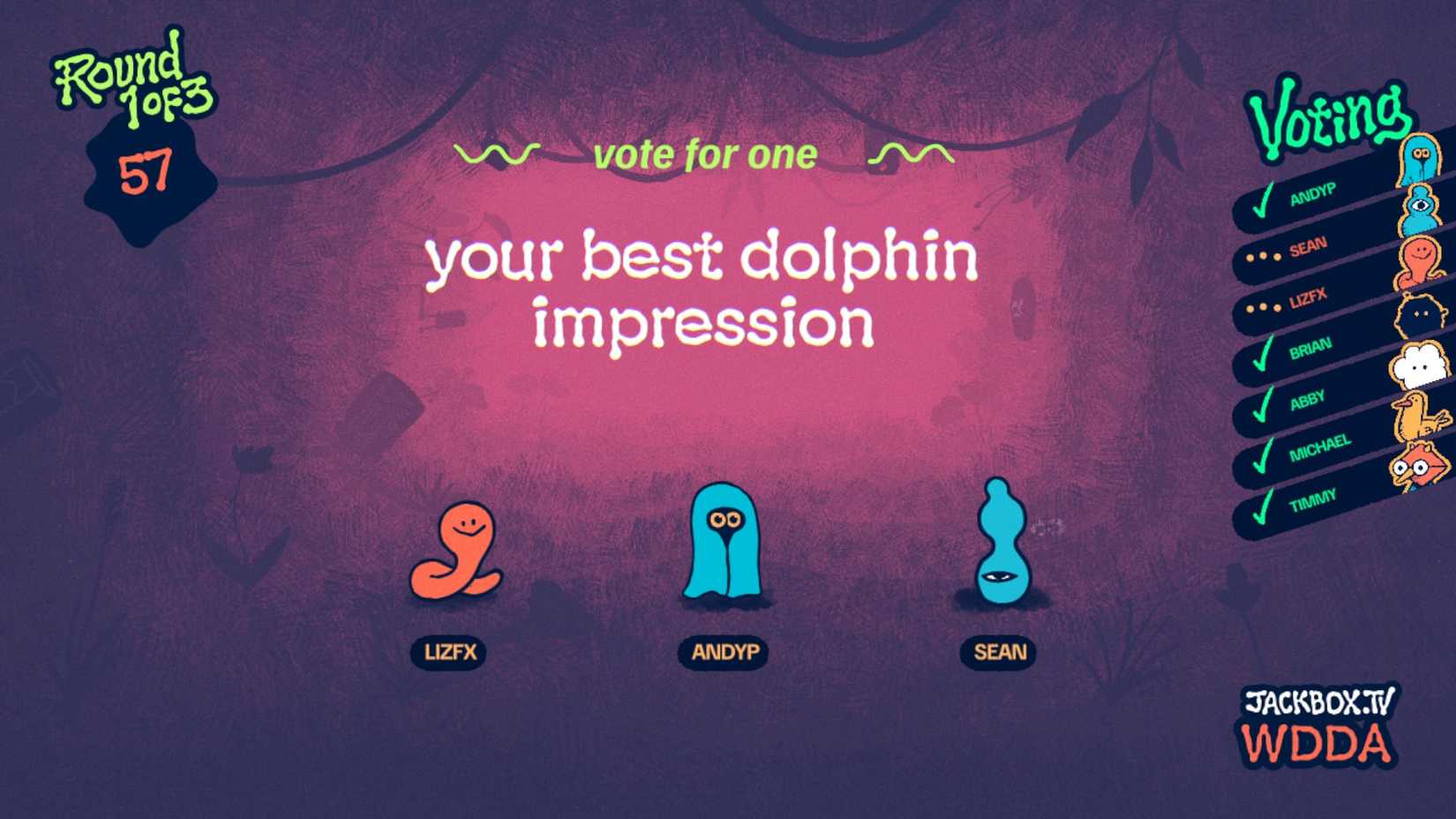 Jackbox Hear Say game asking players to give their best impression of a dolphin.