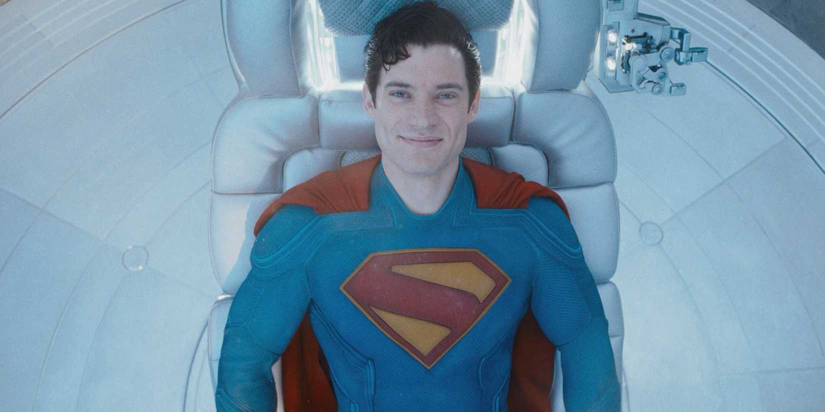 David Corenswet's Superman smiling at the end of the DCU movie while lying in a chair in the Fortress of Solitude