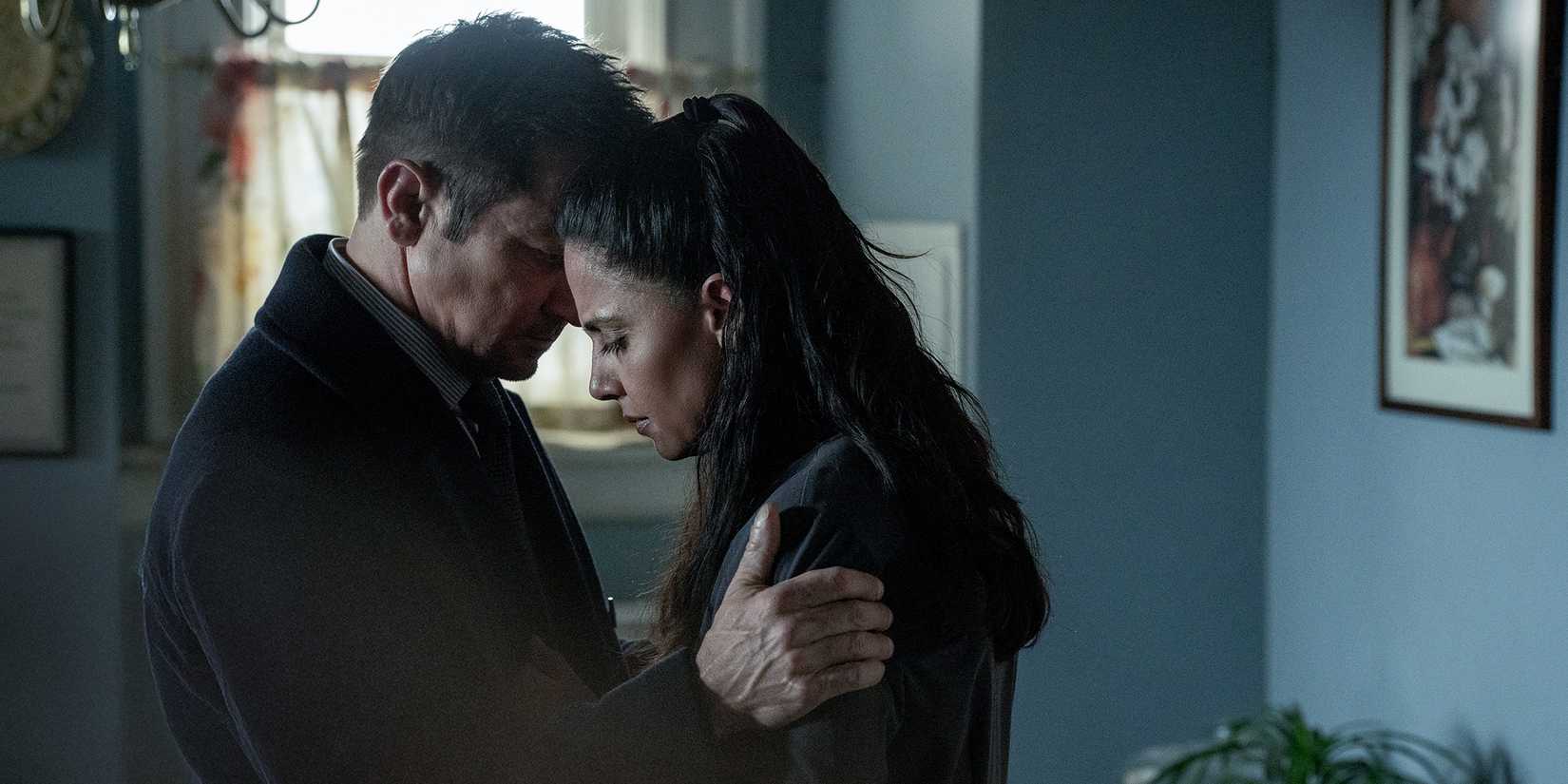 Jeremy Renner's Mike comforting Nishi Munshi's Tracy in Mayor of Kingstown season 4