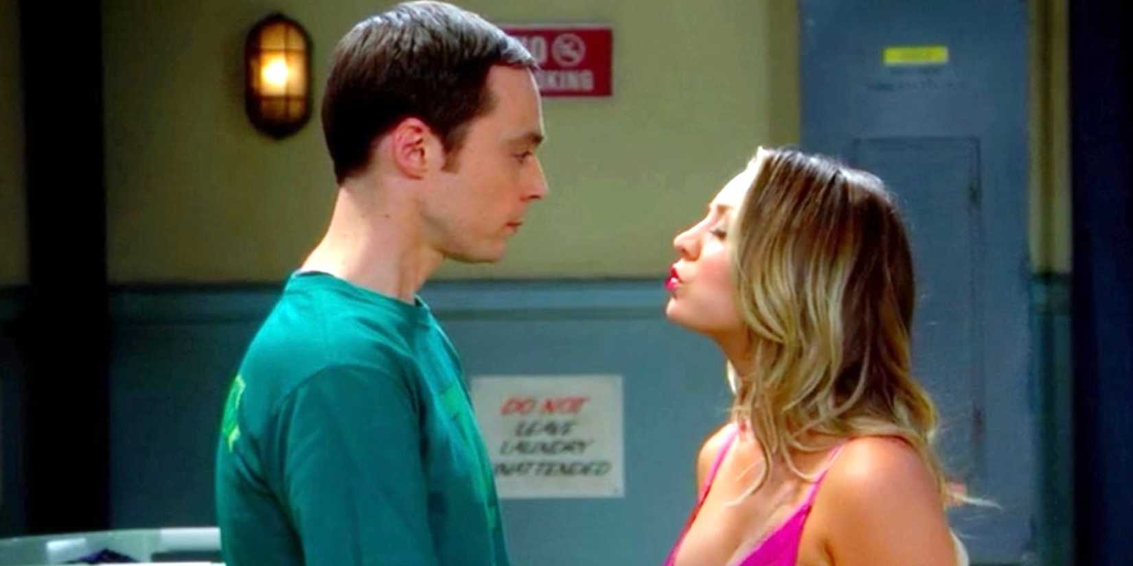 Jim Parsons' Sheldon frowns as Kaley Cuoco's Penny attempts to kiss him in The Big Bang Theory season 7