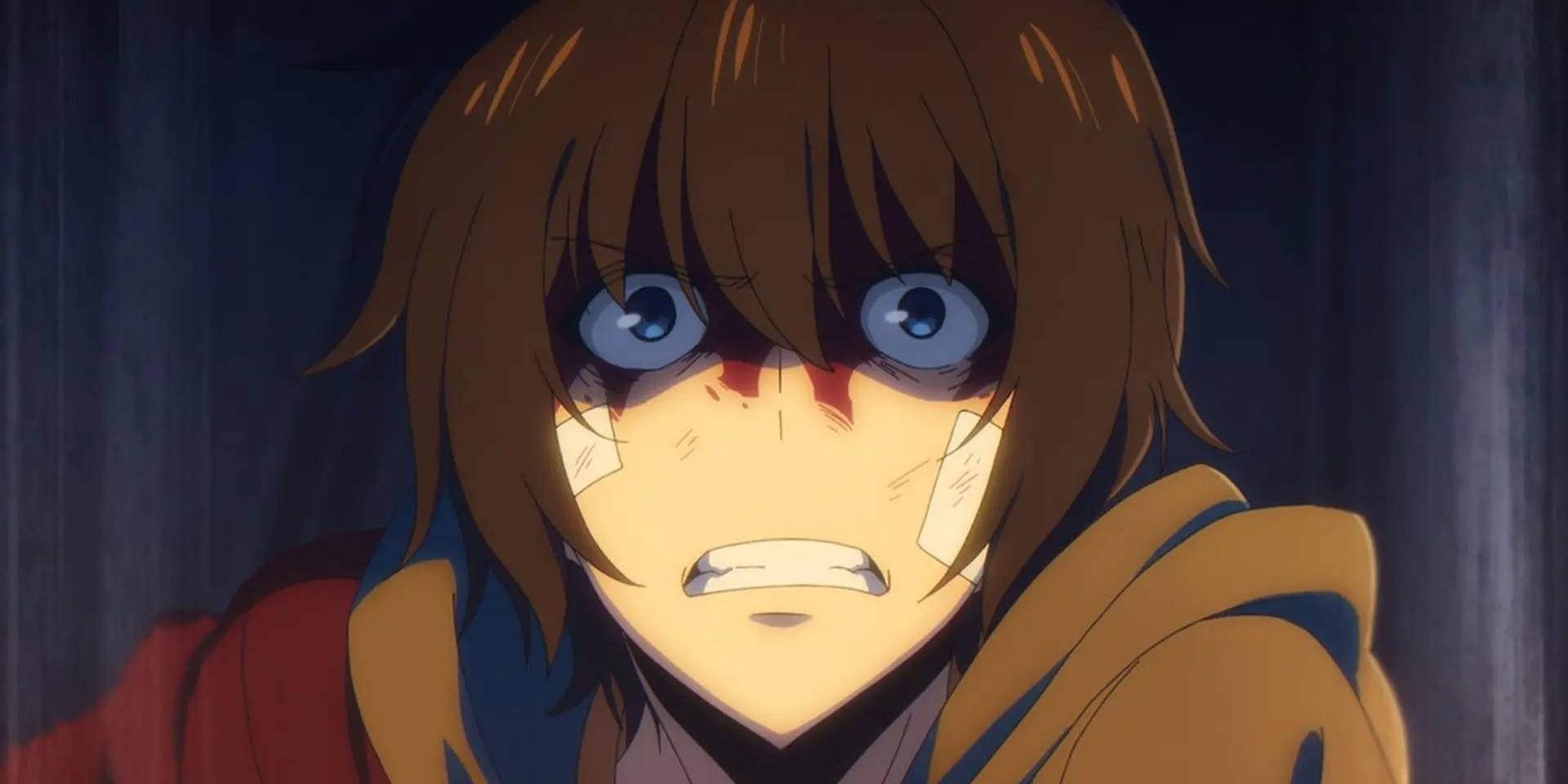 Jin-woo from the Solo Leveling anime looking worried and scared. 