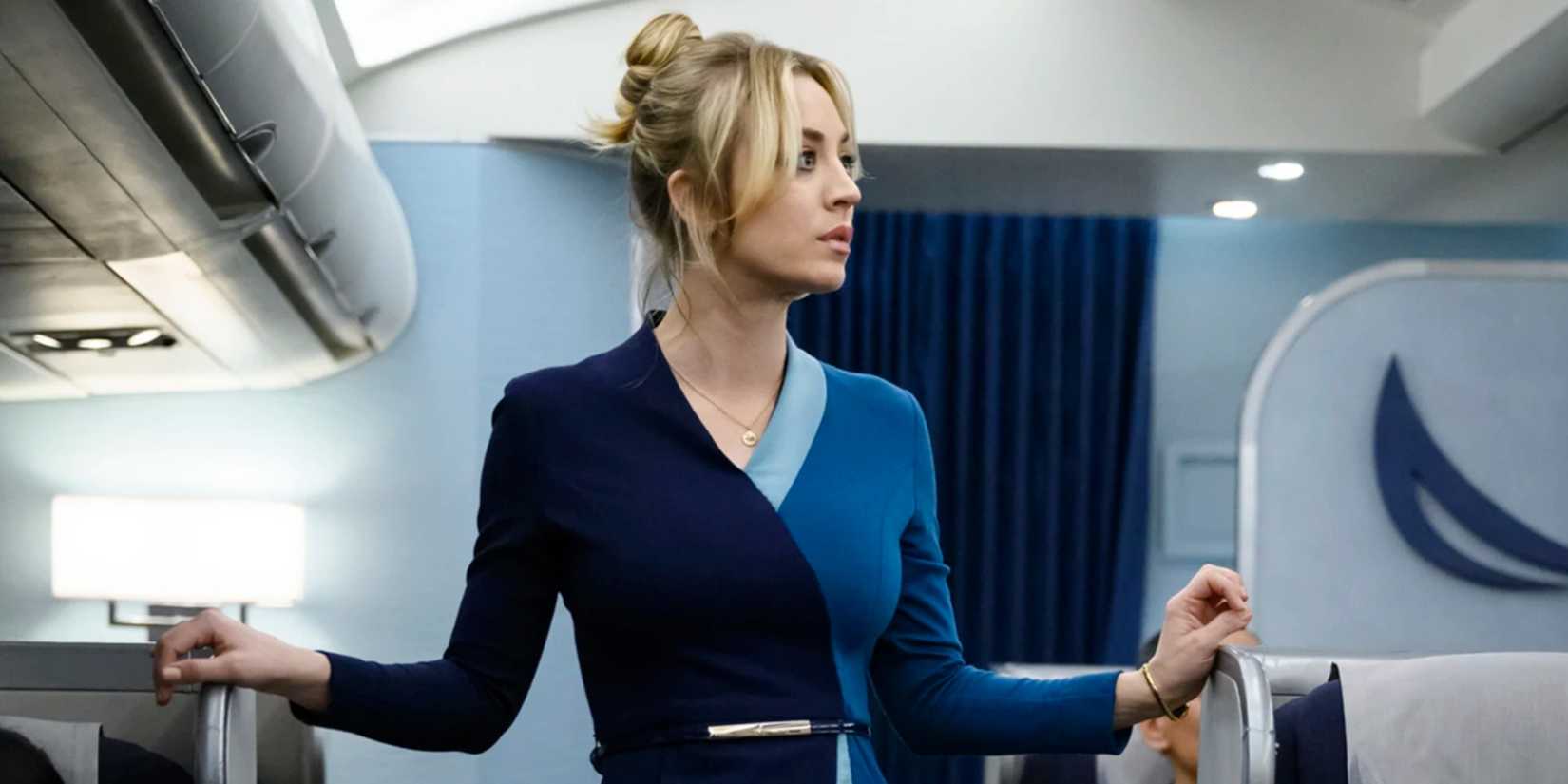Kaley Cuoco looking surprised on an airplane in The Flight Attendant