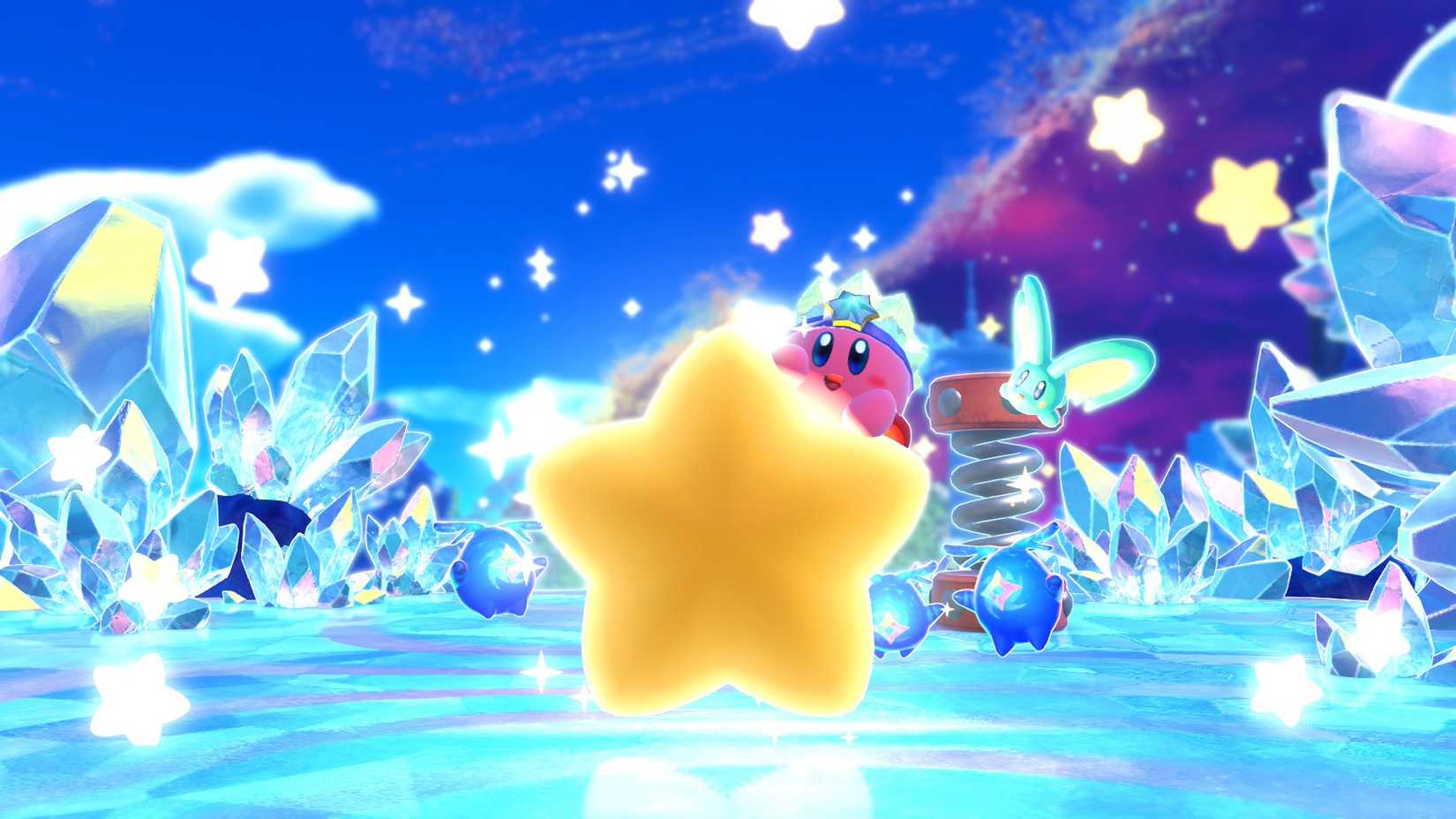 Kirby on a star with companions after level