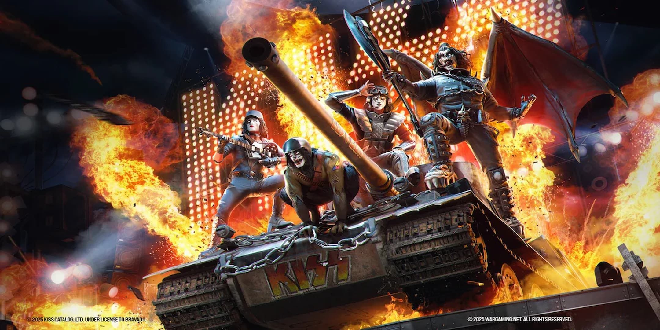kiss band on flaming tank