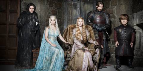 Kit Harington, Emilia Clarke, Lena Heady, Nikolaj Coster-Waldau, and Peter Dinklage in a publicity still for Game of Thrones