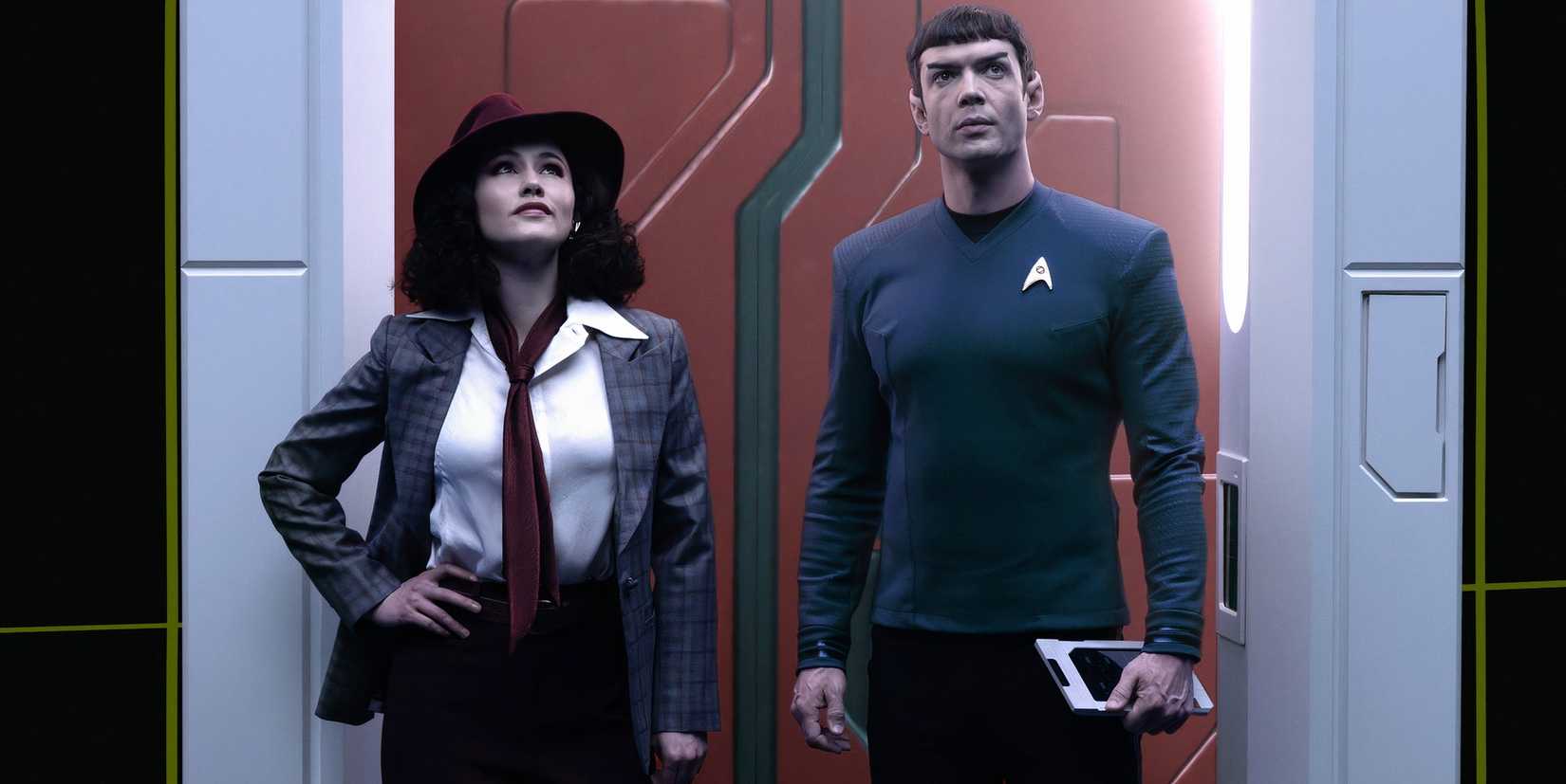La'an and Spock standing at the entrance of the holodeck