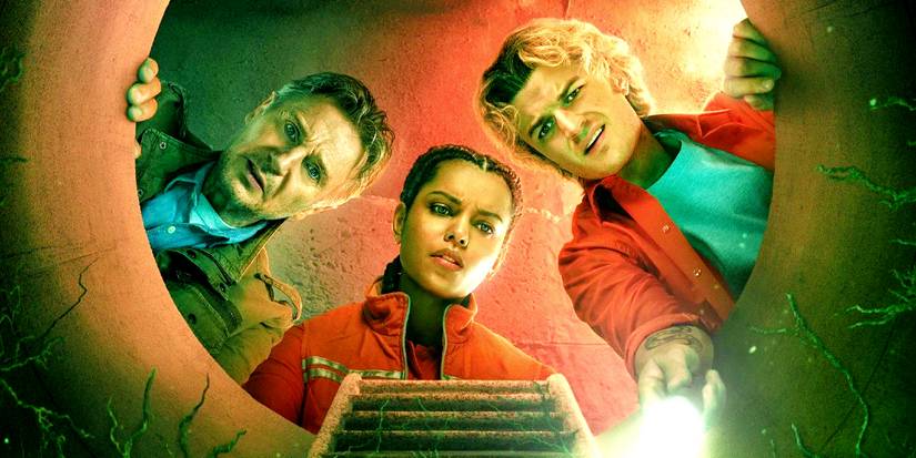 Liam Neeson, Georgina Campbell e Joe Keery no pôster de Cold Storage.