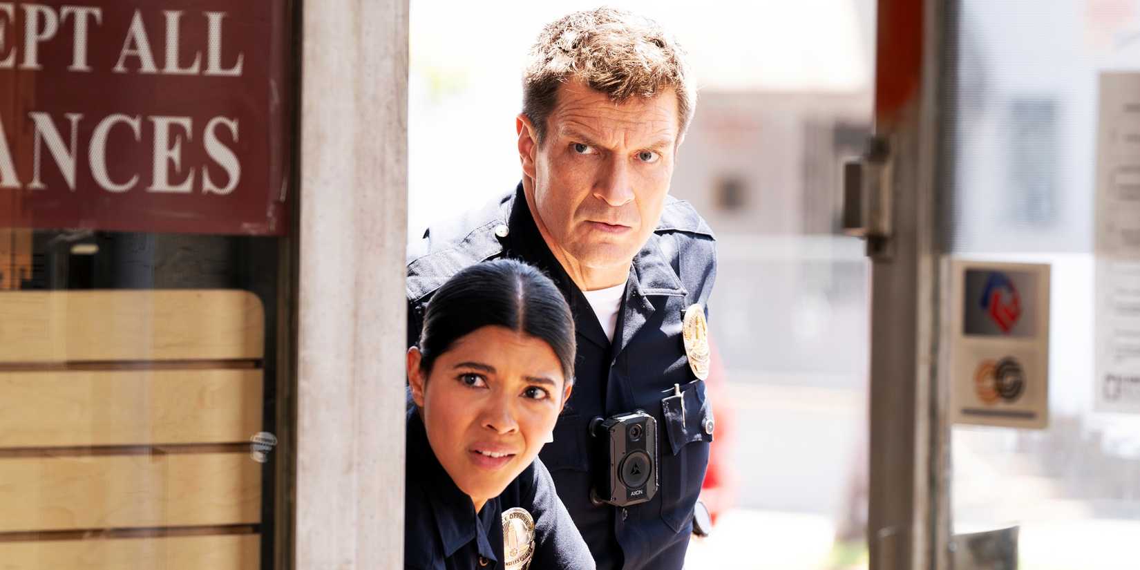 Lisseth Chavez as Celina Juarez and Nathan Fillion as John Nolan in The Rookie season 7, episode 1