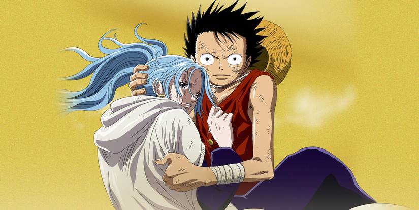 Luffy porte Vivi dans ses bras dans le film Alabasta de One Piece