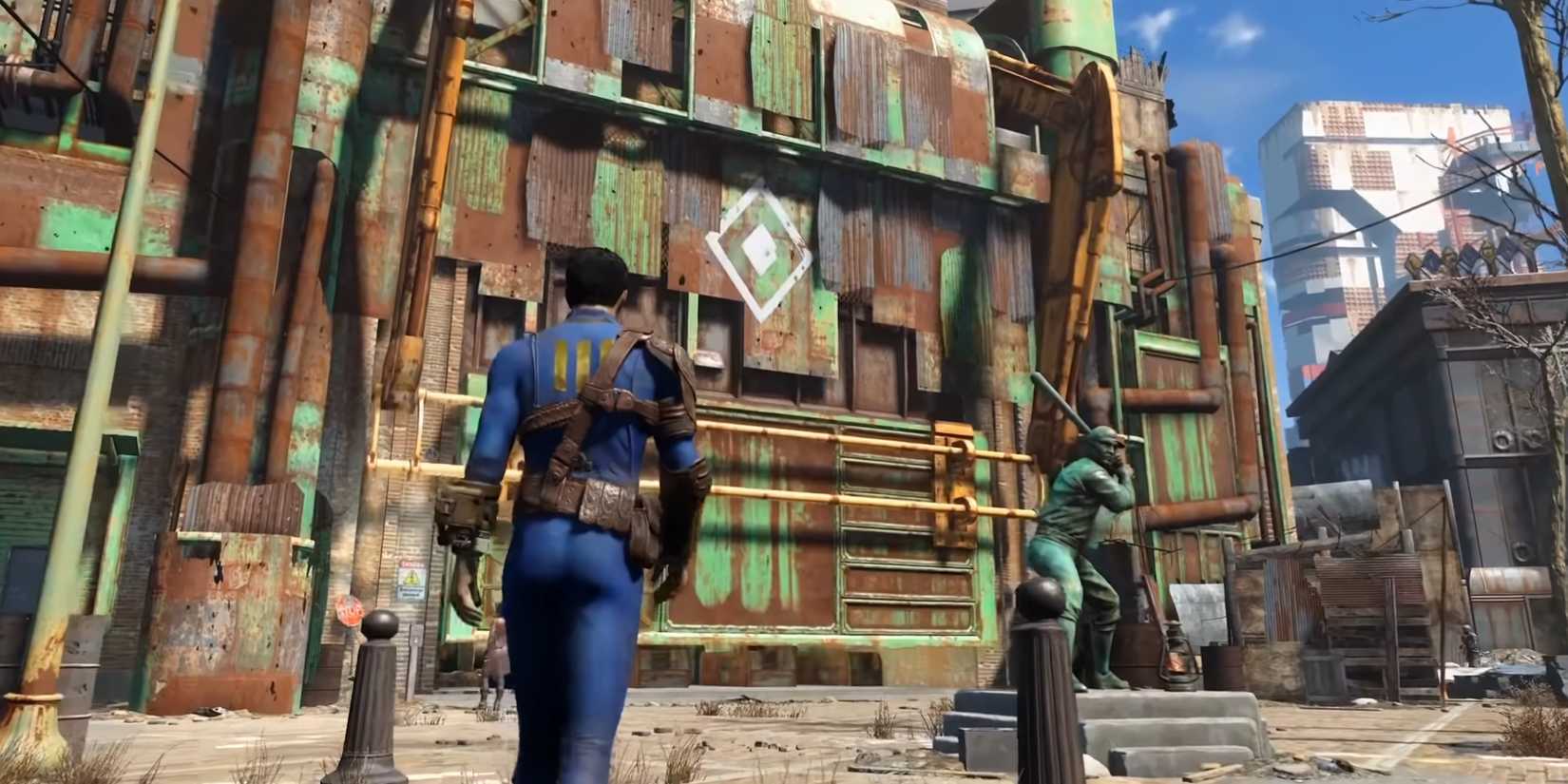 10 Harsh Realities Of Playing Fallout 4 In 2026 8 Male Sole Survivor player character walking towards Diamond City gates in Fallout 4 launch trailer