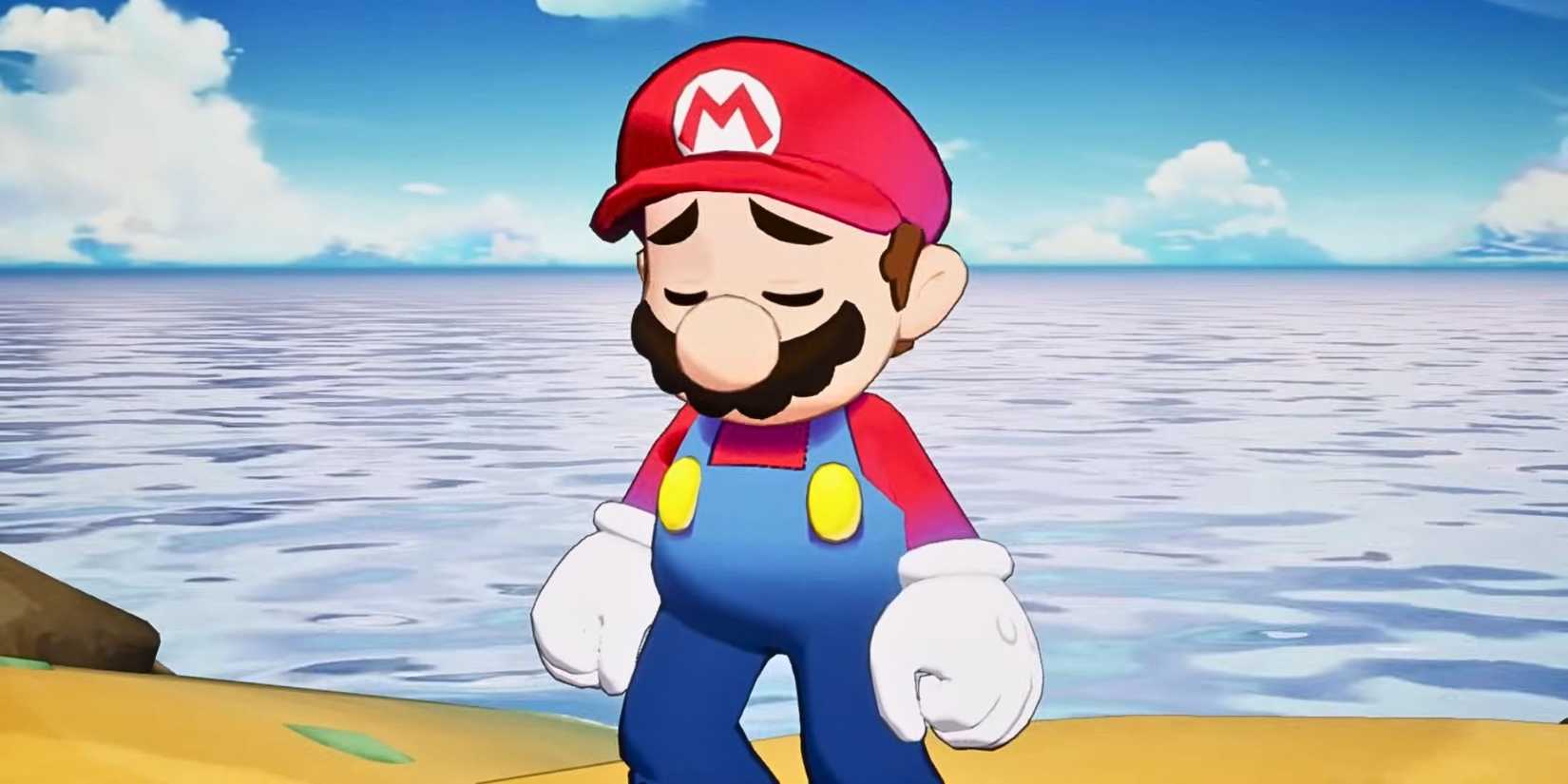Mario looking sad on the coast in Mario & Luigi Brothership.