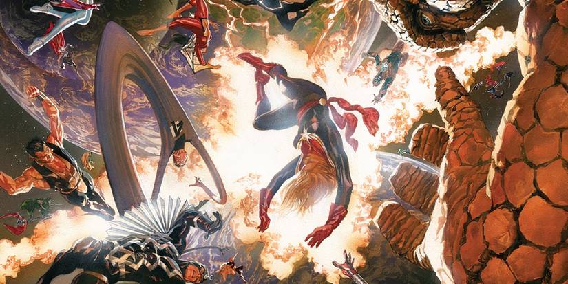 Marvel superheroes flying in space while two lands crash.