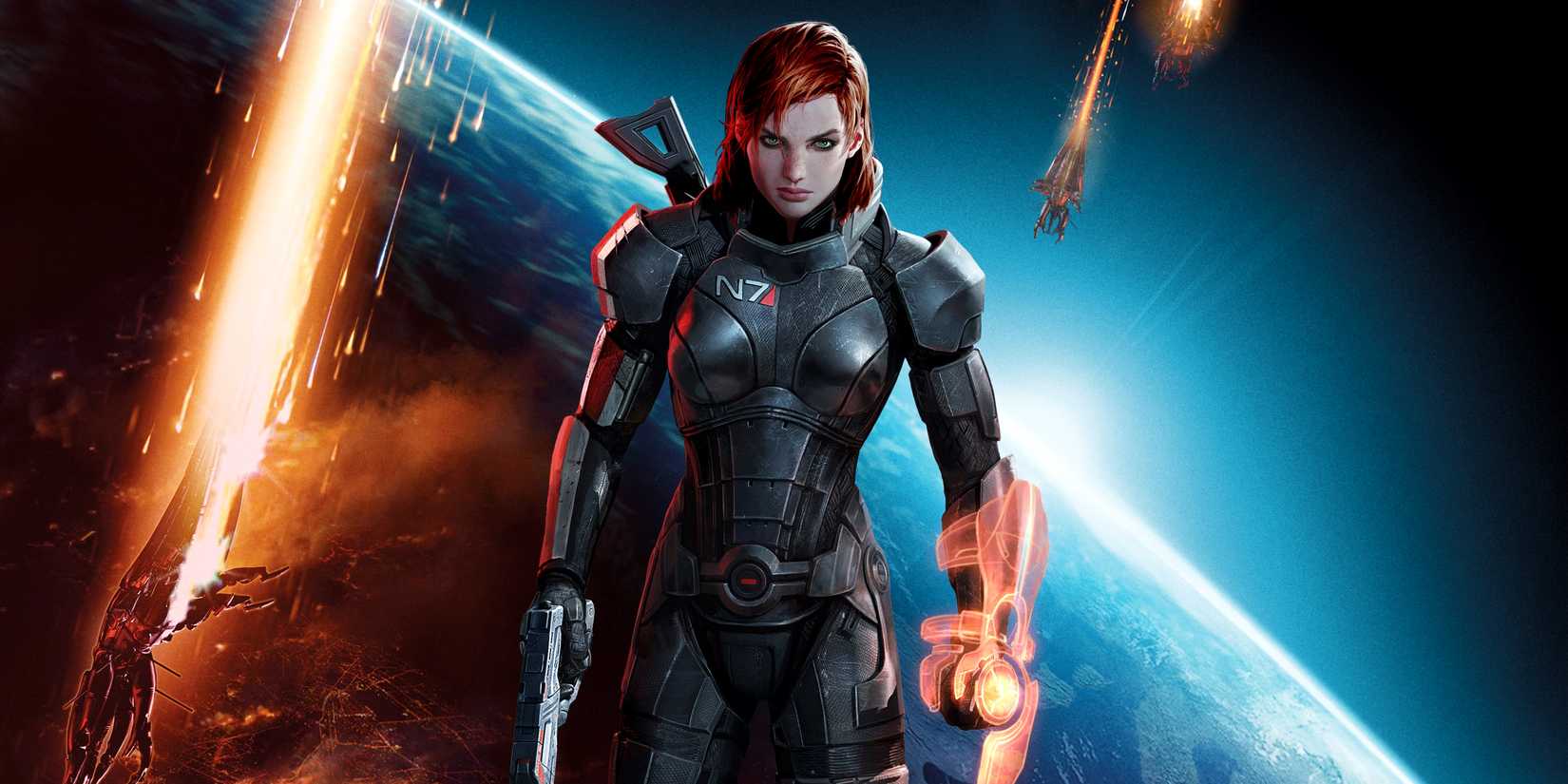 Mass Effect 3 key art with Commander Shepard in front of Reapers descending on a planet.