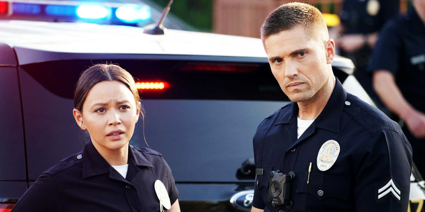 Melissa O'Neil as Lucy Chen and Eric Winter as Tim Bradford in The Rookie