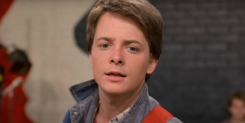 Michael J Fox as Marty McFly looking worried in Back To The Future