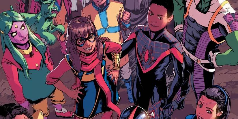 Miles morals and Kamala Khan standing together in the middle of a bunch of other heroes.