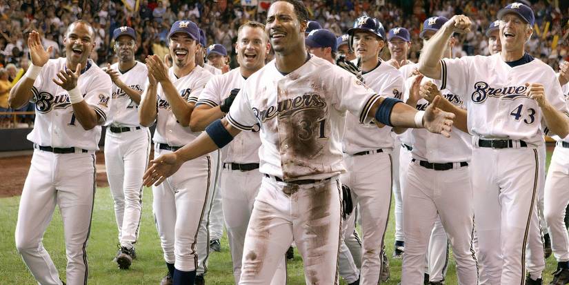 The Brewers celebrate in Mr. 3000