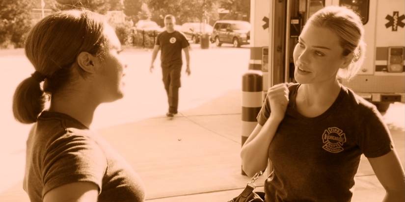 Monica Raymund as Gabby Dawson and Lauren German as Leslie Shay in Chicago Fire season 3, episode 1