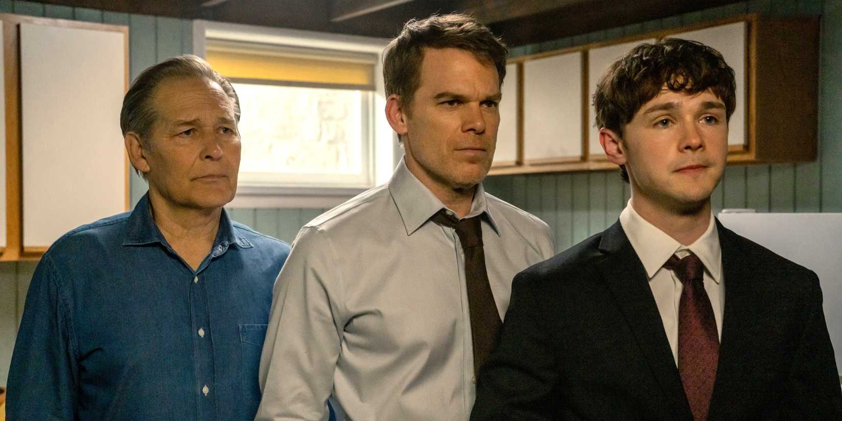 Harry (James Remar), Dexter (Michael C. Hall), and Harrison Morgan (Jack Alcott) standing in front of one another in Dexter: Resurrection season 1, episode 7