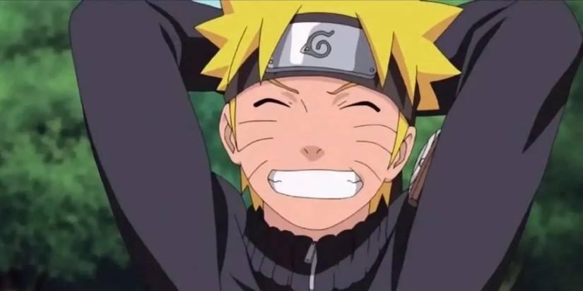 Naruto grinning with his hands behind his back and his eyes closed.