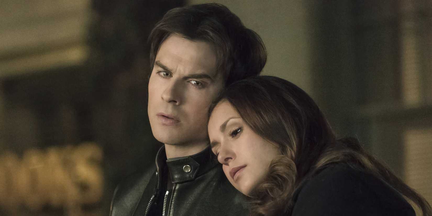 Nina Dobrev and Ian Somerhalder looking upset from The Vampire Diaries