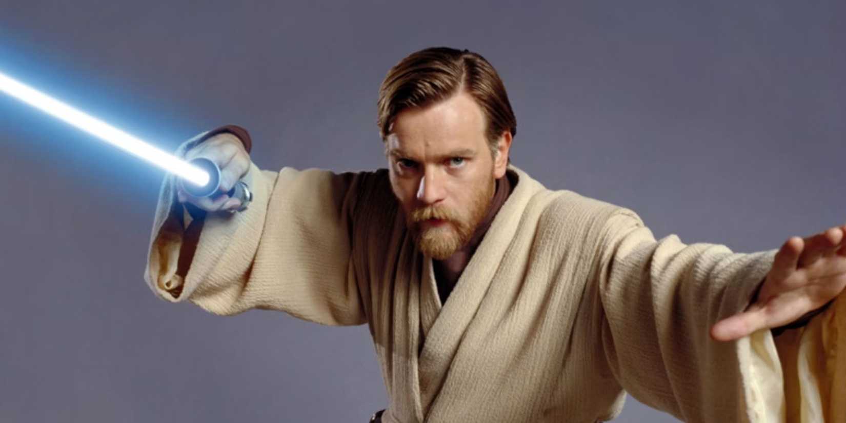 Obi Wan Kenobi posing with his blue lightsaber