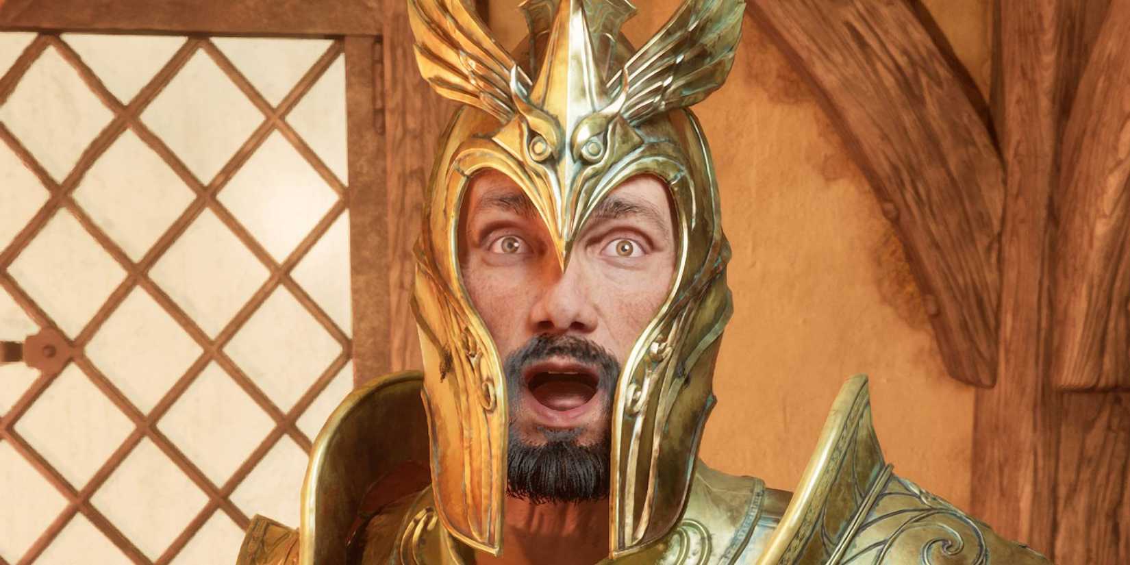 A soldier looking shocked in Oblivion Remastered.