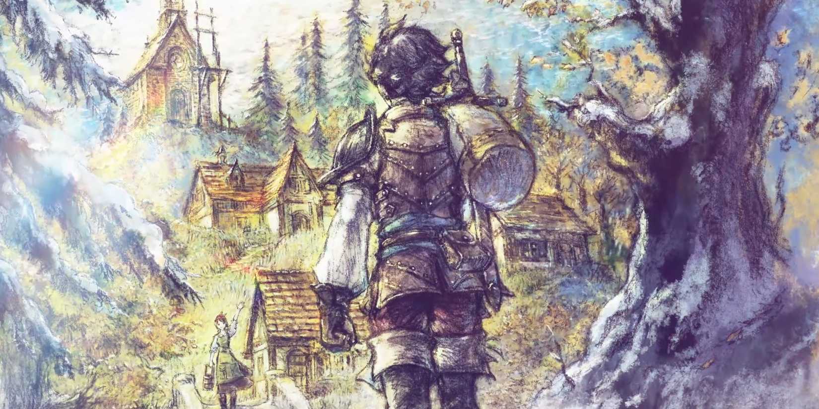 Octopath Traveler 0's Key Art shows the main character walking toward a town.