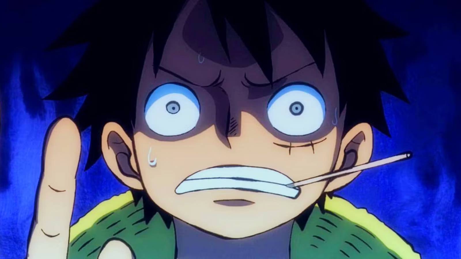 One Piece's Luffy looks horrified with an aura of dread around him.