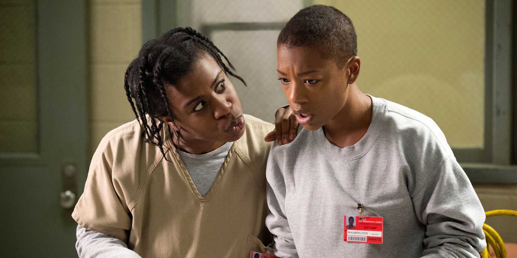 Orange Is The New Black's Timeless Relevance 1 Crazy Eyes (Uzo Aduba) talking to Poussey (Samira Wiley) in Orange Is the New Black