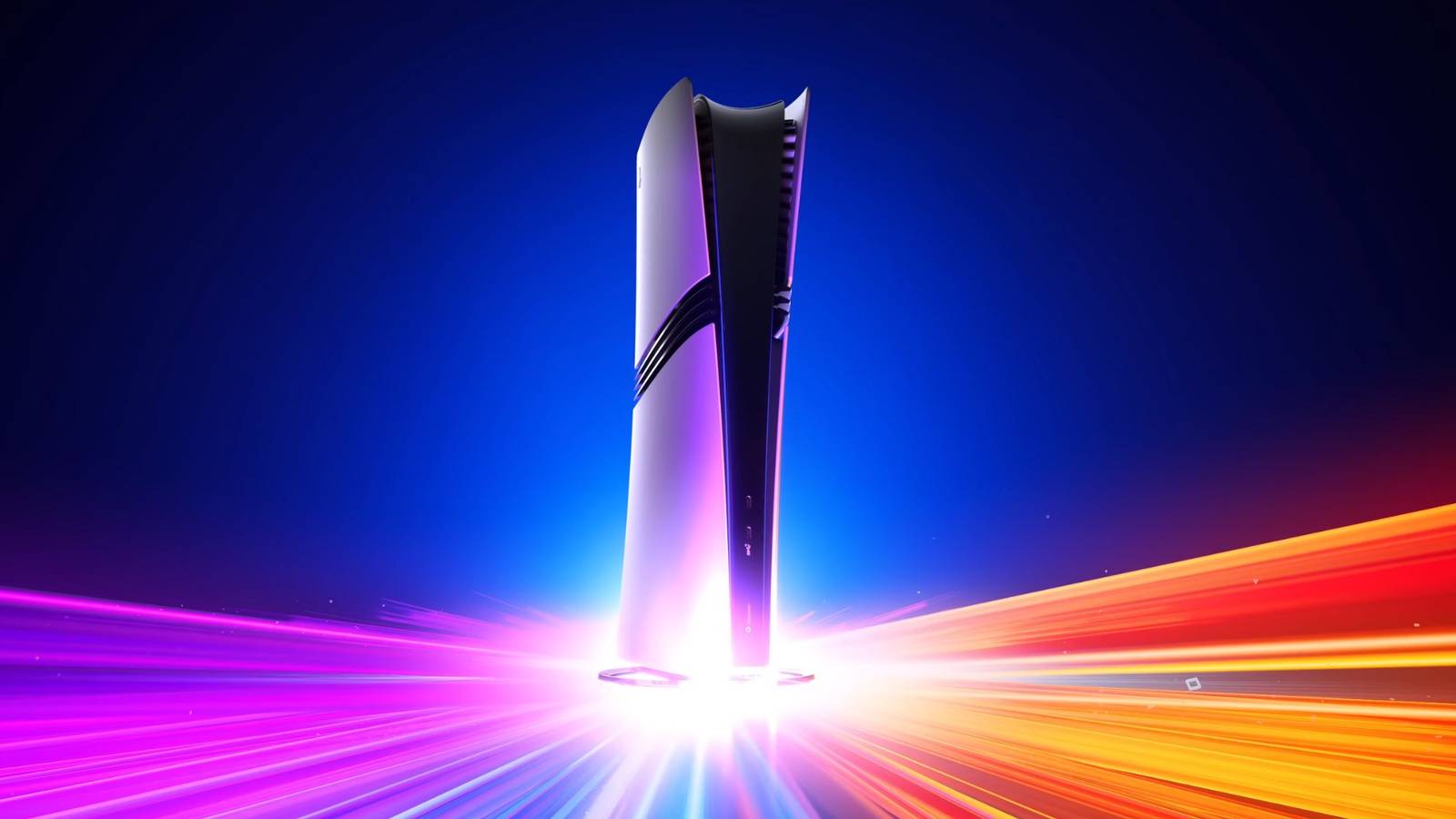 Playstation 5 Pro with different colored lights shooting out from underneath it.