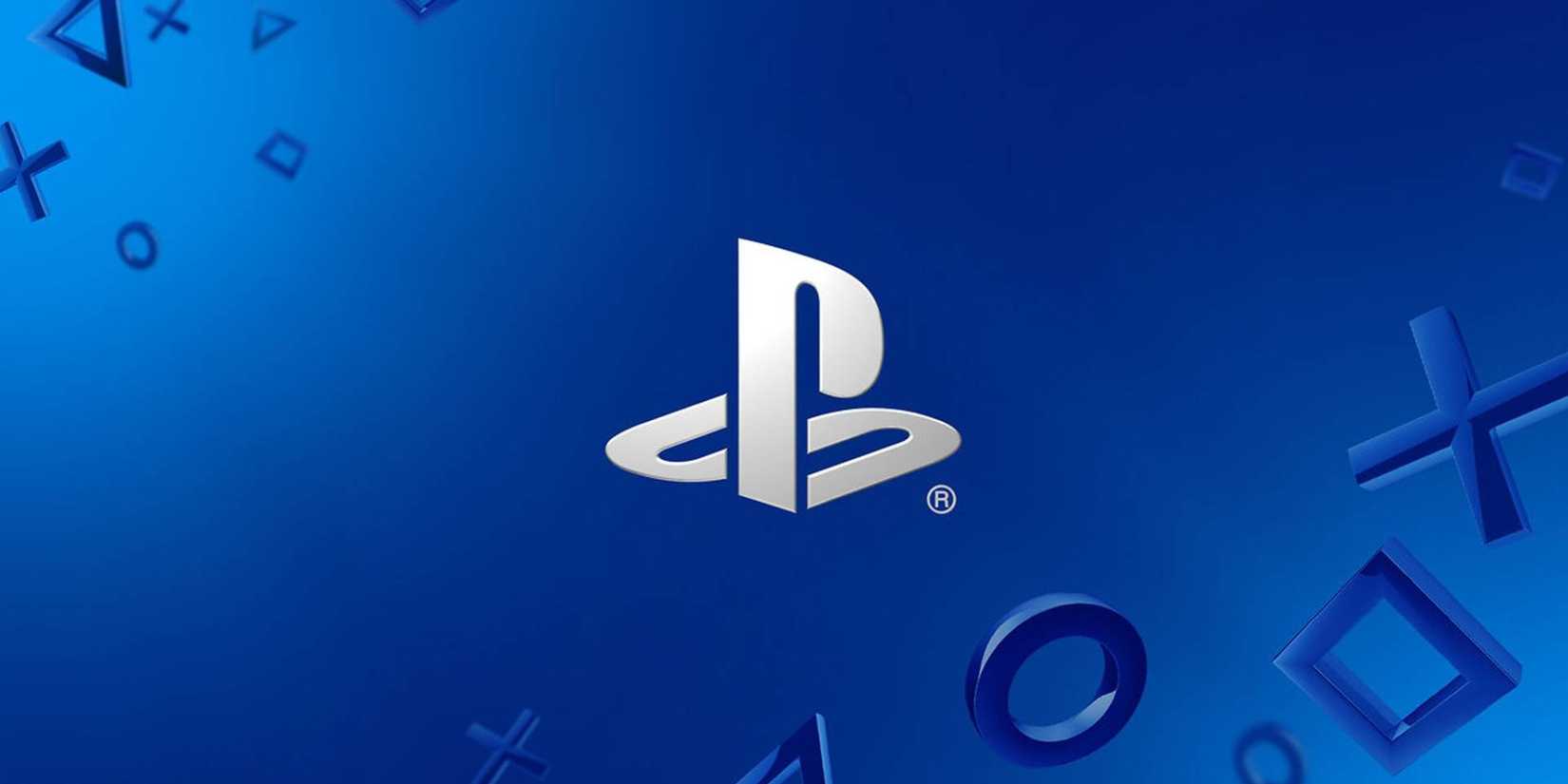 The PlayStation logo is surrounded by shapes against a blue background.