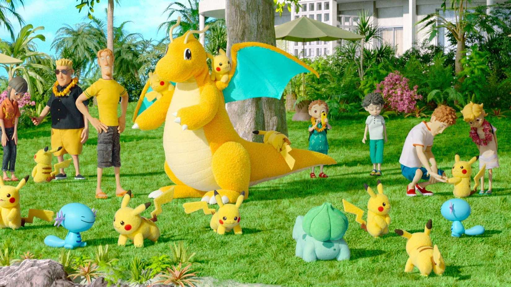 Pokemon Concierge dragonite and several other pokemon playing with several pikachu