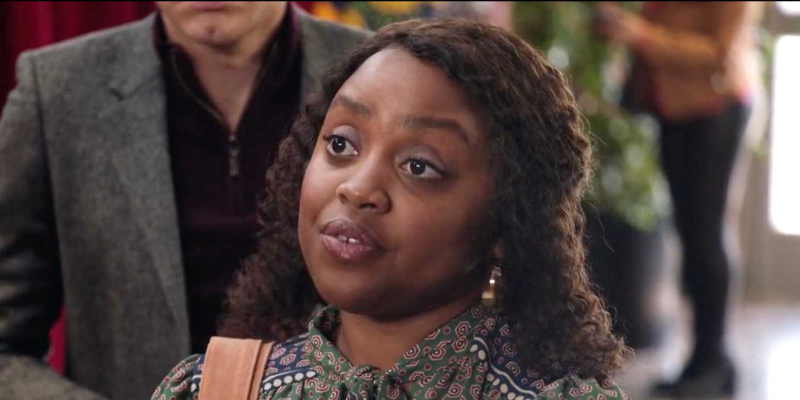 Quinta Brunson's Janine looks concerned in Abbott Elementary season 1