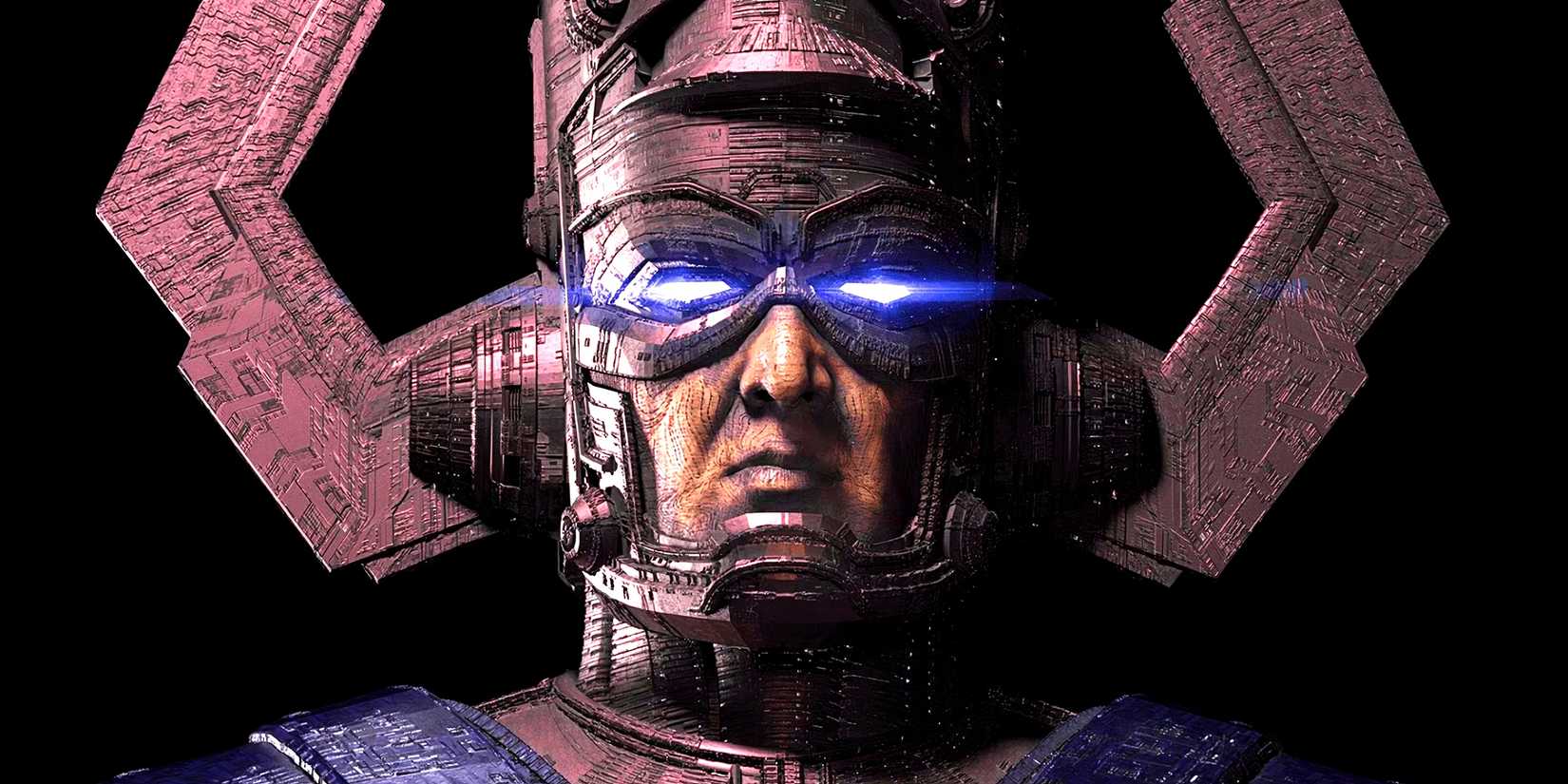 Ralph Ineson's Galactus looks at the camera with his eyes shining bright in The Fantastic Four First Steps